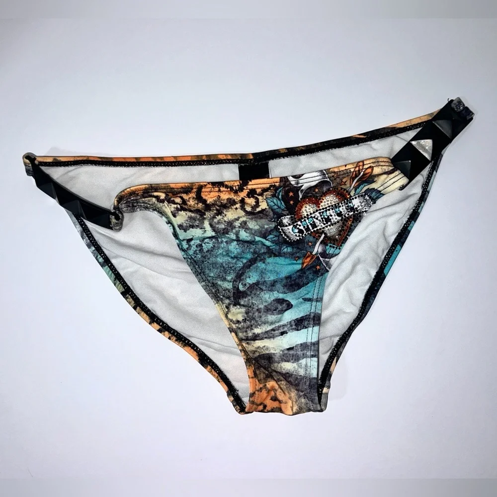 Sinful by Affliction Bikini Bottom Studded Heart Tiger Rhinestone Blue M